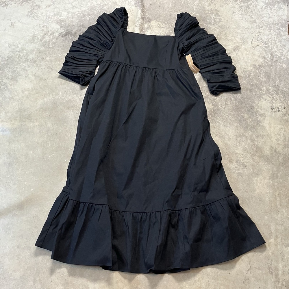 O.P.T Women's XL Black Square Neck Ruched Puff Sleeve Smocked Midi Dress NWT